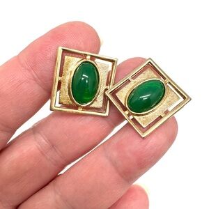 Anson Square Goldtone Cuff Links with Green Oval Cabochon Center